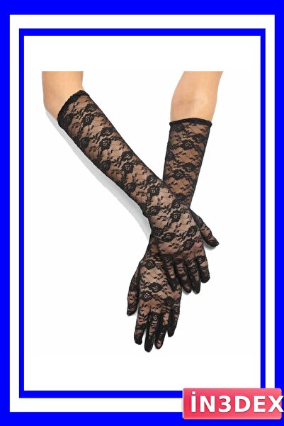 İN3DEX Lace Embroidered Satin Gloves 40cm Length Black
