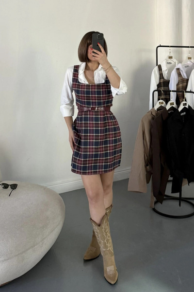 MOZENA Shirt Detailed Plaid Pattern Thick Strap Mini Dress