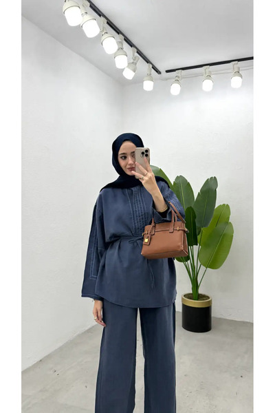 Miraydın Butik Embroidered Tesla Fabric Hijab Double Set - Navy Blue