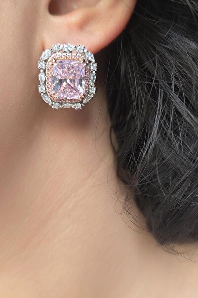 MorMajor Silver ICE CUT PEMBE BÜYÜK TAŞLI GÜMÜŞ KÜPE