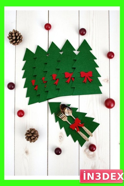 İN3DEX Christmas Themed Felt Spoon Holder Set 6 Pieces in the Shape of Pine T...