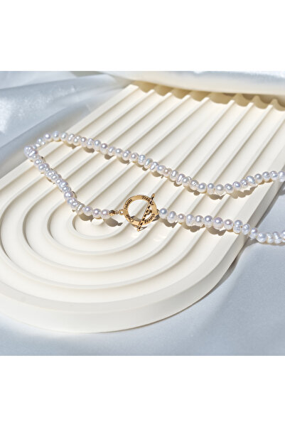 BLACK SWAN Bijoux Colier din perle albe de cultura si disc din aur 14K cu inc...