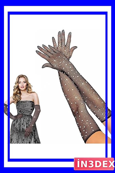 İN3DEX Fishnet Mesh Long Gloves with Pearl and Diamond Embellishments Black