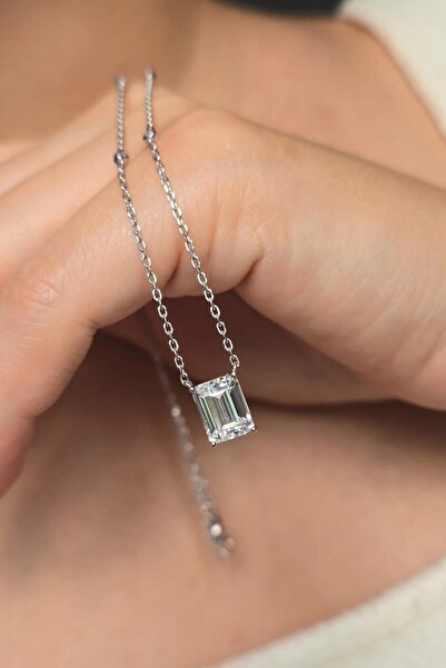 MorMajor Silver İTHAL MOZANİT DİKDÖRTGEN SADE GÜMÜŞ KOLYE