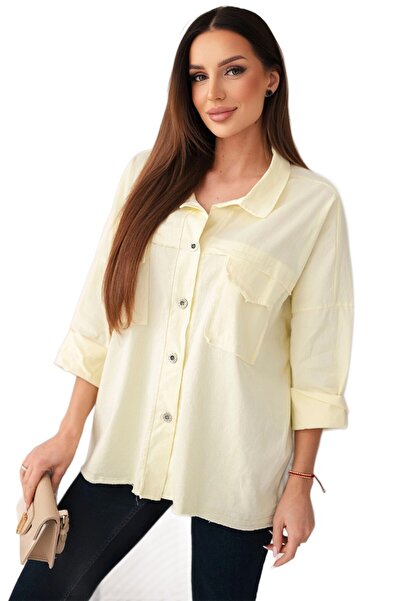 Kesi Żółta koszula damska bawełniana oversize z kieszeniami