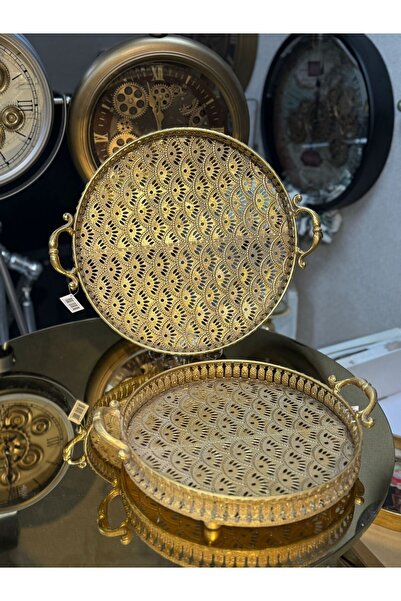 city gold 2'Li Telkari Metal Gold Desenli 4-6 Kişilik Tepsi Dekoratif