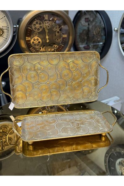 city gold 2'Li Telkari Metal Gold Dikdörtgen 4-6 Kişilik Tepsi Dekoratif