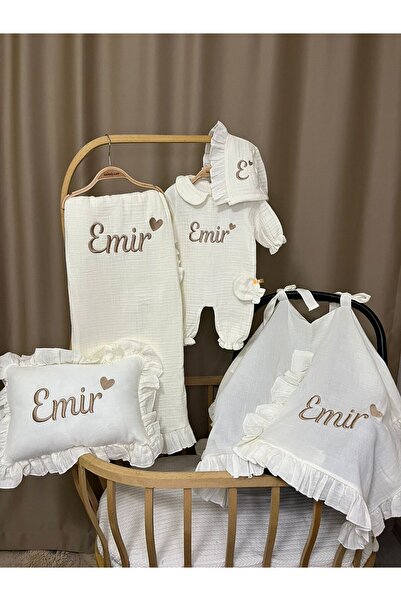 handemnakış tasarım İsimli Nakışlı Müslin 6'lı Hastane Çıkış Set-Tulum Şapka ...