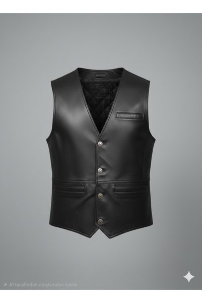 Savran Deri Balkın Metal Buttoned Men's Genuine Leather Black Vest