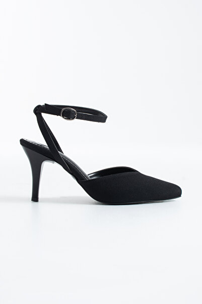 Pazzyonez Women's Elera Black Satin Ankle Strap Buckle Detailed Round Cut Thi...