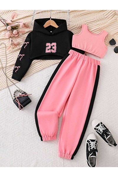 VESTIR BIEN 23 Printed 3-Piece Black Pink Athlete's Set Pink Black Detailed B...