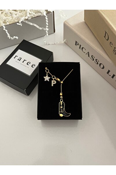 RAREE Kovboy çizmesi, zirkon harf ve yıldızlı çelik asansörlü y kolye