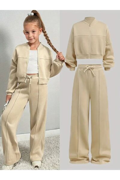 VESTIR BIEN Set de iarnă bej cu pantaloni largi și top crop cu fermoar