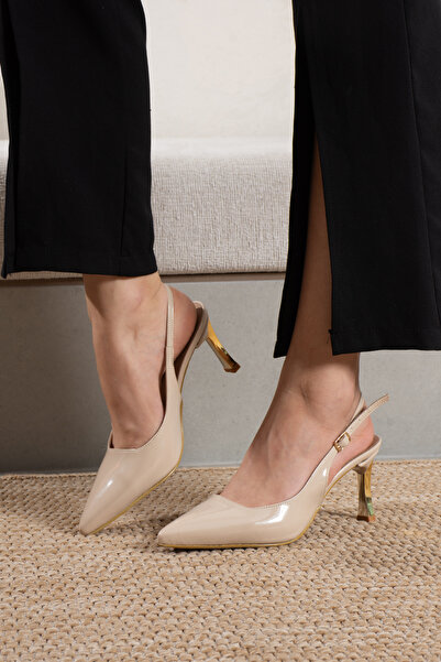 Pazzyonez Zarel Γυναικεία Μπεζ λουστρίνι με μυτερή μύτη βραδινό φόρεμα αποφοί...