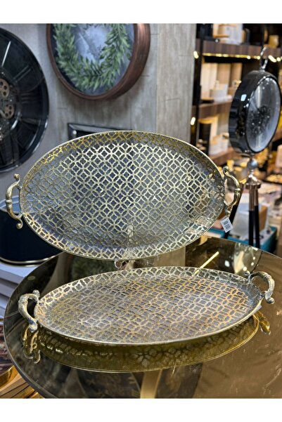 city gold 2'Li Telkari Metal Eskitme Gold Desenli 4-6 Kişilik Tepsi Dekoratif