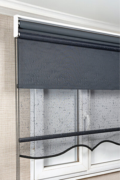 bizdenperde Çift Mekanizmalı Çizgili Antrasit Tül Ve BLACKOUT KARARTMA Antras...