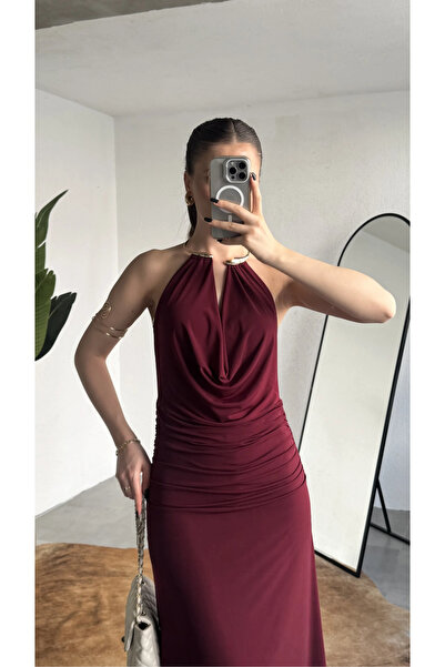 Lila Moda Rochie de seară lungă, iconică, cu guler halter și spate decupat, p...