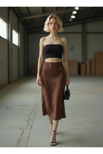 Hisleria Polka Dot Patterned Verev Viscose Satin Fabric Midi Skirt - Bitter B...