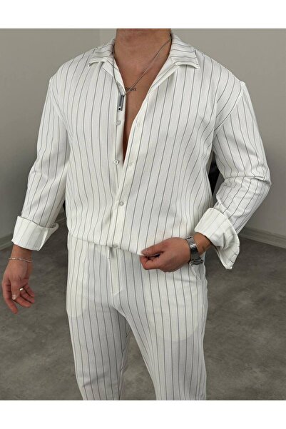 tetramoda Men's Lycra Crepe Fabric Striped Shirt and Trousers Set