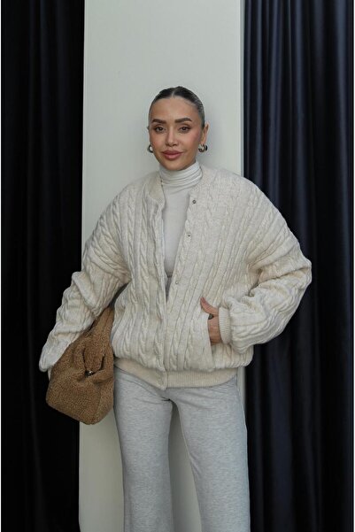 Havoş Cream Color Knitted Bomber Jacket