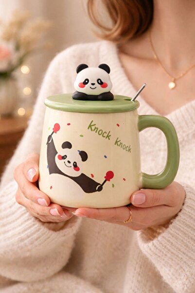 HEPBİMODA Sevimli Panda Kupa Kaşıklı Kupa Bardak Hediyelik Kupa