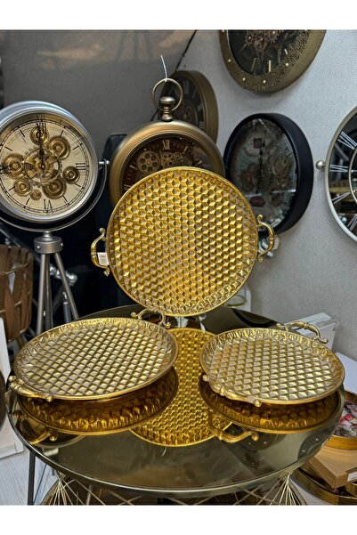 city gold 3'Lü Telkari Metal Gold Petek Desenli Tepsi Dekoratif 50x44x39CM