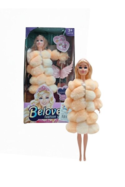 Premium دمية بيلوف فاشن جيرل - لعبة معطف من الفرو الصناعي الخوخ