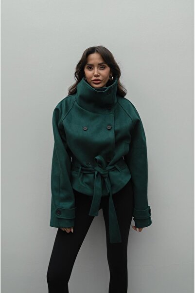 Havoş Zümrüt Yeşil Sams Dik Yaka Kuşaklı Süet Ceket