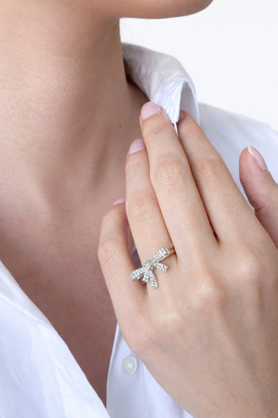 Ressia Baguette Stone Detailed Bowknot Silver Ring