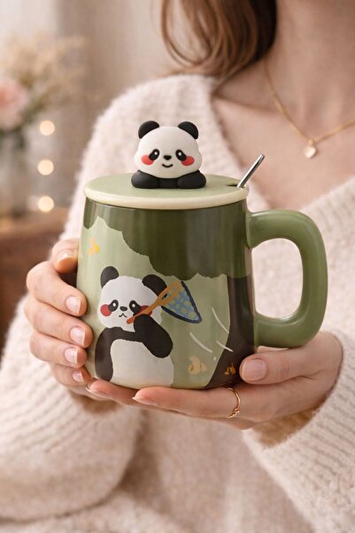 HEPBİMODA Sevimli Panda Kupa Kaşıklı Kupa Bardak Hediyelik Kupa