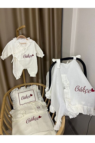 handemnakış tasarım İsimli Nakışlı Müslin 6'lı Hastane Çıkış Set-Tulum Şapka ...