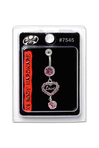 X8 BODY HARDWARE USA 14G S. Steel Navel Dangle Rose with Rose Love Heart