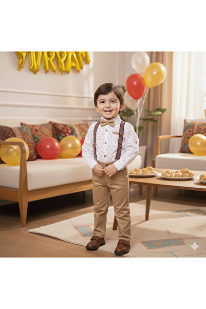 CUBBUX Момчешка риза с точки, тиранти и папийонка, празничен комплект панталони