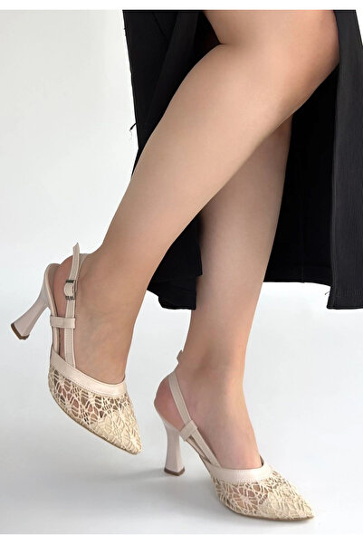 Alfanora Ceta Beige Skin Tulle Detailed Heeled Shoes