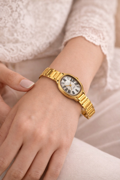 matheon ساعة يد نسائية ذهبية بعلبة بيضاوية وحزام معدني - ساعة يد أنيقة عتيقة ...