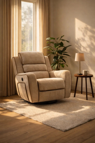 MARIA HOMES Premium Light Brown Fabric Swivel Rocker Recliner Chair with Cont...