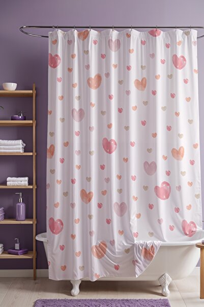 EVPANYA Perdeau de baie, perdea de duș cu model inimioare roz, perdea pentru ...