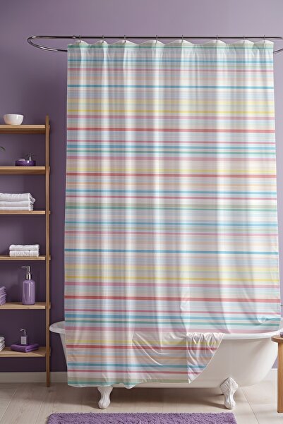 EVPANYA Perdeau de baie, perdea de duș cu model de linii în degrade pastel, p...