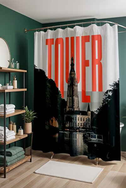 EVPANYA Perdeau de baie, perdea de duș cu model peisaj cu turnuri, perdea pen...