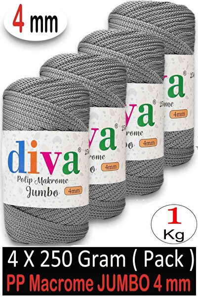Diva İplik 1 kg Polyester Macrame Jumbo (4 mm) 62U430 Medium Gray (Pack of 4)