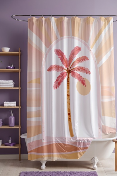 EVPANYA Perdeau de baie, perdea de duș cu model de palmieri roz, perdea pentr...