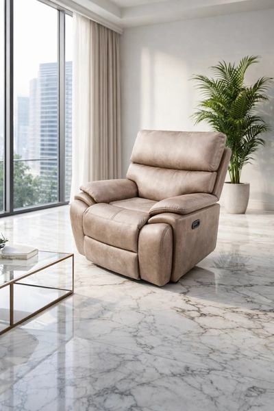 MARIA HOMES Premium Light Brown Leather Recliner Armchair with Cup Holder and...