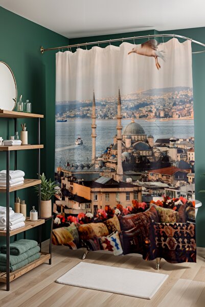 EVPANYA Perdeau de baie, perdea de duș cu model pescăruși din Istanbul, perde...