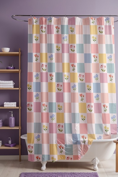 EVPANYA Perdeau de baie, perdea de duș cu model de grădină în carouri pastela...