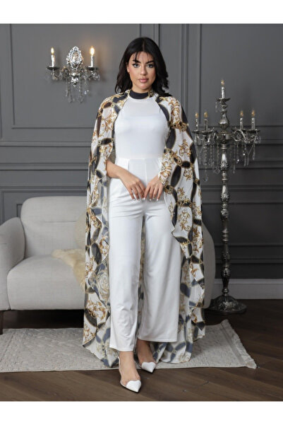 Nice Model Stylish White Stretch Jumpsuit With Luxurious Printed Chiffon Cape...
