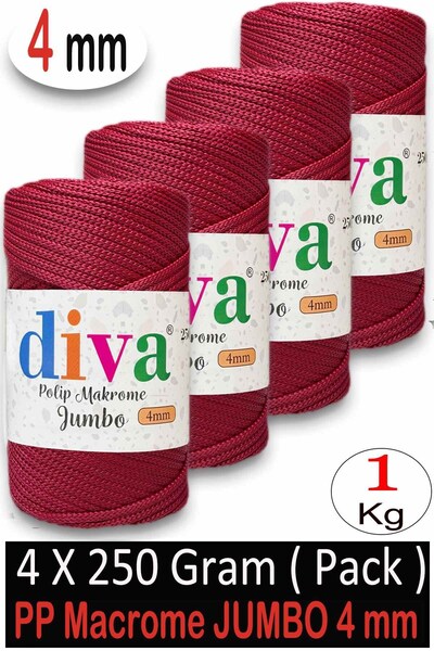 Diva İplik 1 кг полиестер макраме джъмбо (4 мм) 105U1845 червено (опаковка от 4)