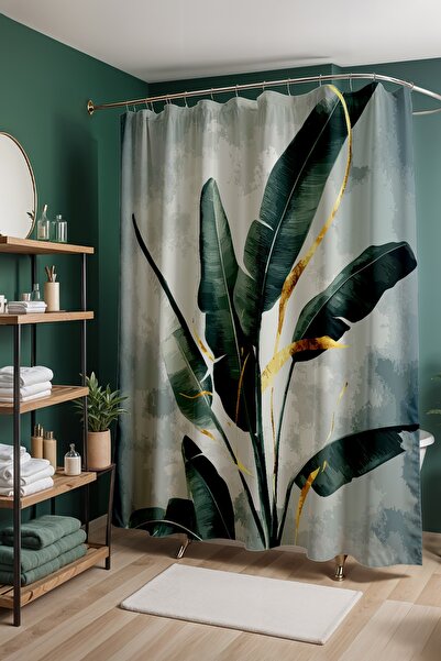 EVPANYA Perdeau de baie, perdea de duș cu model frunze verzi cu detalii aurii...