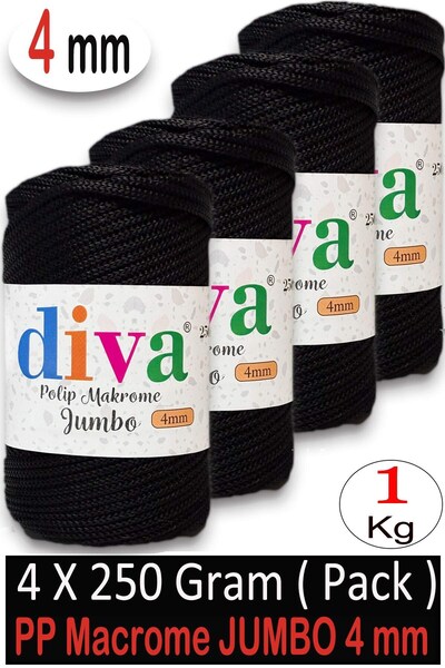 Diva İplik 1 кг полиестер макраме джъмбо (4 мм) 270U60 черен (4-пакет)