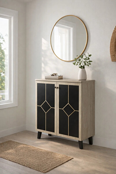 MARIA HOMES خزانة أحذية أنيقة ببابين، تصميم هندسي، بيج وأسود، وحدة تنظيم تخزي...