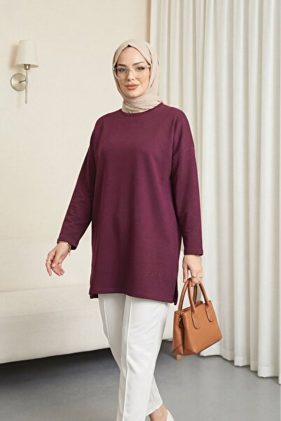 Modamorfo Loose Combed Cotton Tunic with Heart Detail on the Skirt and Slits ...